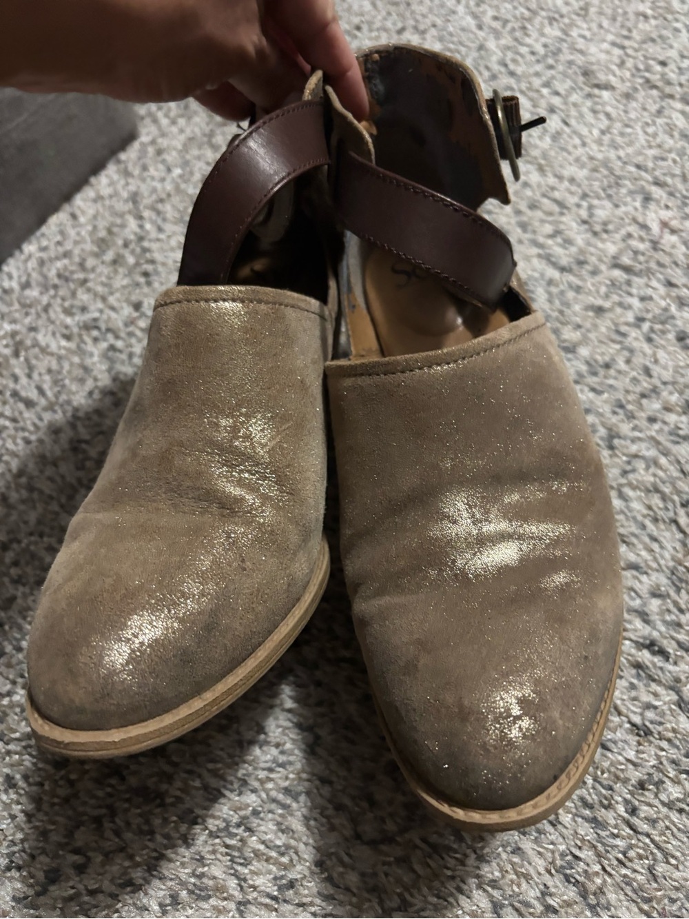 Golden Brown Suede buckle Shoes with Ankle Strap